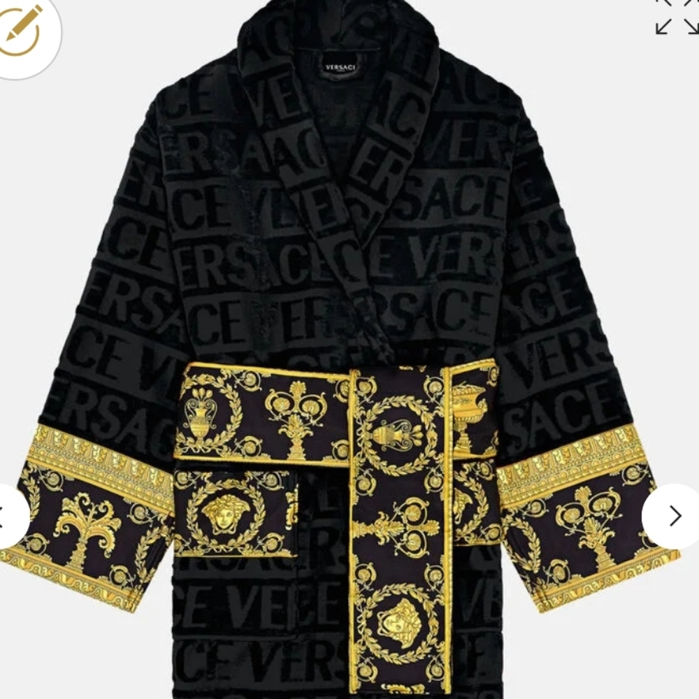 Versace Black & Gold Logo-Patterned Velvet Robe with Barocco Trim